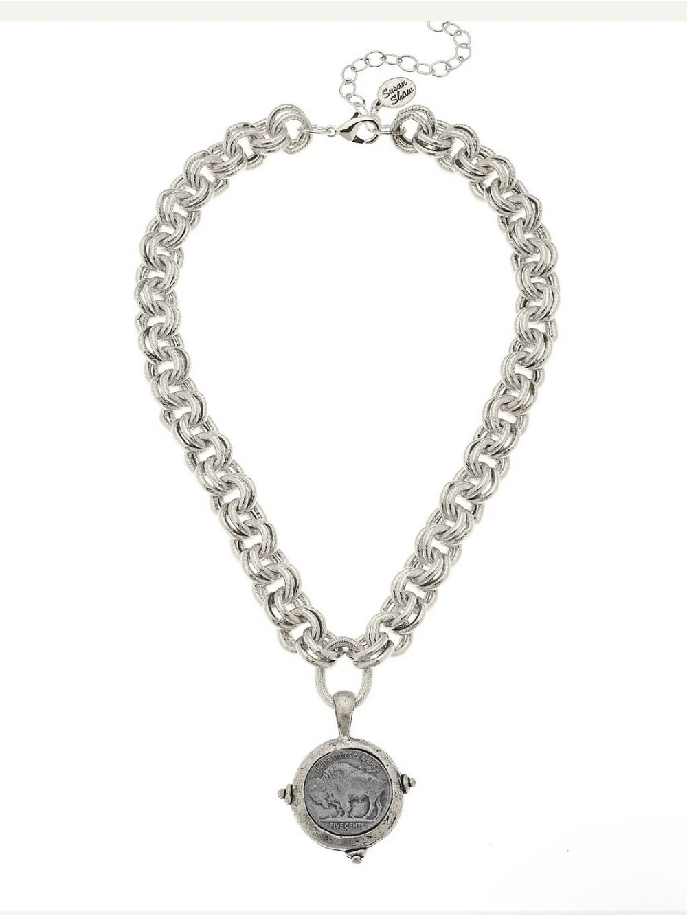 SUSAN SHAW Silver Chain Necklace with Buffalo Coin Pendant - Women Jewelry